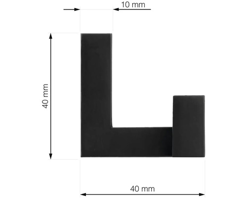 Rozměry kovového nástěnného háčku na šaty o délce 40 milimetrů, výšce 40 milimetrů a šířce 10 milimetrů.