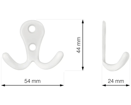 Dvojitý háček s rozměry 44 mm výška, 54 mm šířka a 24 mm hloubka.