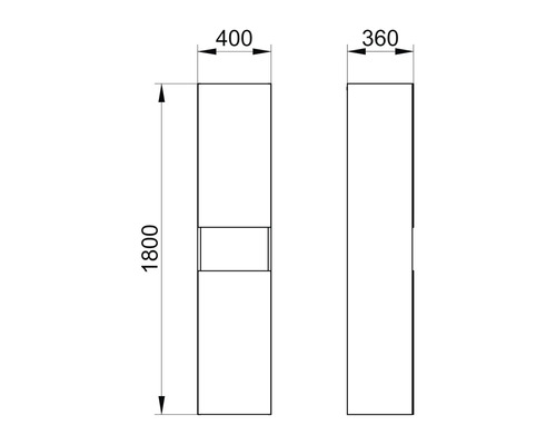 Technický výkres vysoké koupelnové skříňky o rozměrech 1800 x 400 x 360 milimetrů.