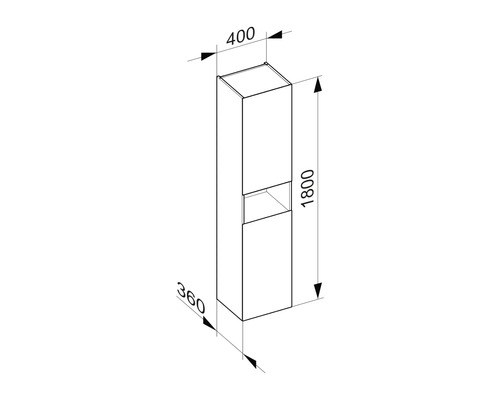 Technický výkres koupelnové vysoké skříně o rozměrech 1800 x 400 x 360 mm