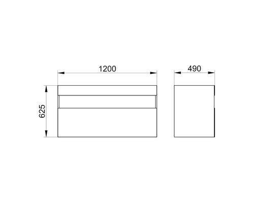 Technický výkres skříňky pod umyvadlo o rozměrech 1200 x 490 x 625 milimetrů