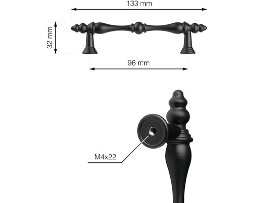Obrázek nábytkové úchytky s rozměry 133 mm délka, 32 mm výška a 96 mm rozteč otvorů, včetně velikosti šroubu M4x22.