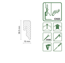 Klip CH23 o rozměrech 38,5 mm x 15 mm a symboly pro upevnění pomocí šroubu CH28, lepidla, vrtačky a šroubováku.