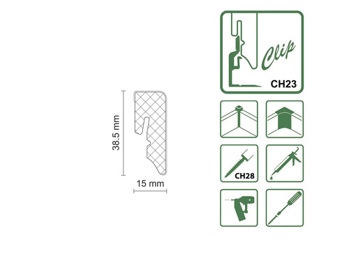 Klip CH23 pro upevnění pomocí šroubu CH28, vrtačky nebo šroubováku, 38,5 mm x 15 mm