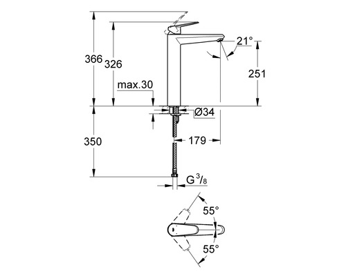 Technický nákres vodovodní baterie s rozměry