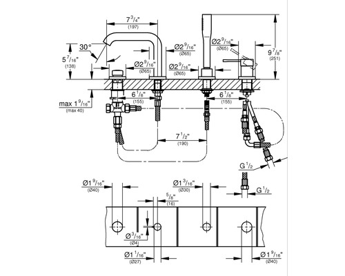 Technický nákres armatury s rozměry pro instalaci