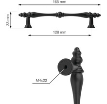 Nákres nábytkové úchytky s rozměry 165 mm, 128 mm a 33 mm, upevňovací závit M4x22