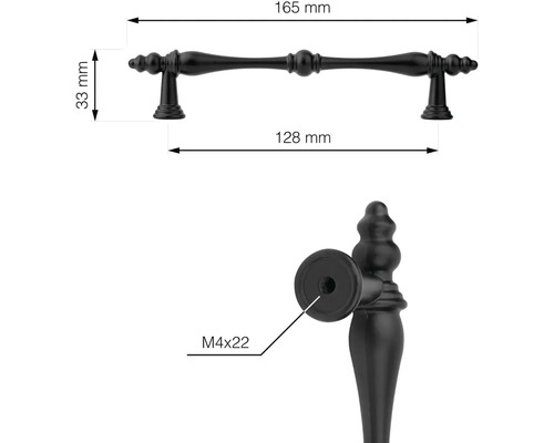 Nákres nábytkové úchytky s rozměry 165 mm, 128 mm a 33 mm, upevňovací závit M4x22
