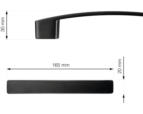Obrázek s rozměry nábytkové úchytky, délka 165 milimetrů