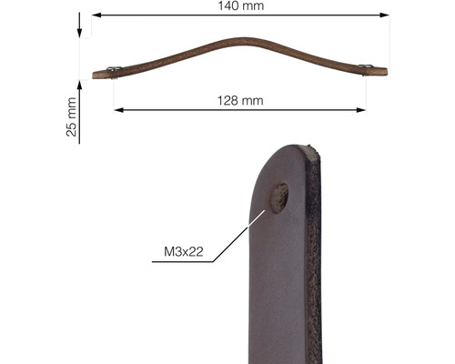 Kožená rukojeť o rozměrech 140 milimetrů délky a 25 milimetrů výšky