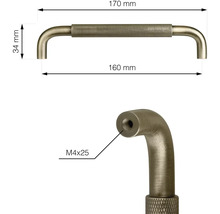 Obrázek nábytkové úchytky o rozměrech 170 mm délka a 34 mm výška a detailní pohled se závitem M4x25.