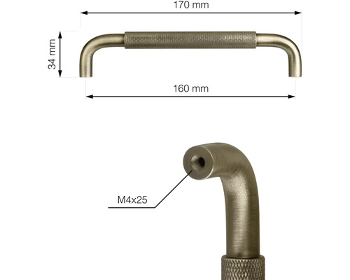 Obrázek nábytkové úchytky o rozměrech 170 mm délka a 34 mm výška a detailní pohled se závitem M4x25.