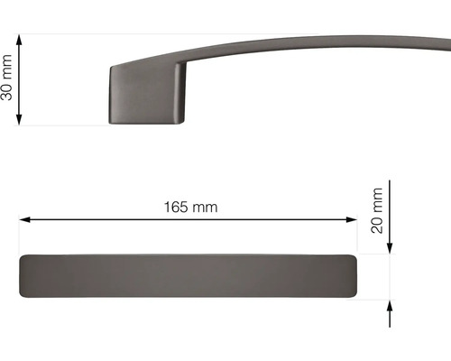 Obrázek výkresu nábytkové úchytky s rozměry 165 mm délka, 30 mm výška a 20 mm šířka.