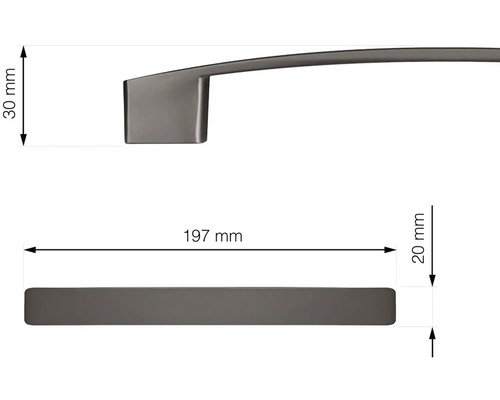 Obrázek nábytkové úchytky s rozměry: délka 197 mm, výška 30 mm, hloubka 20 mm.