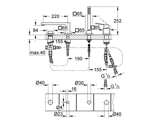 Technický nákres vanové baterie s rozměry