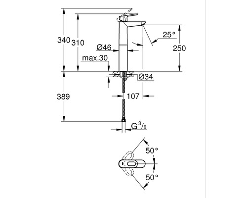 Technický nákres vodovodní baterie s rozměry