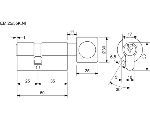 Technický nákres cylindrické vložky zámku dveří s rozměry