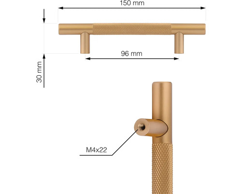 Obrázek nábytkové úchytky s rozměry, materiál kov, délka 150 mm