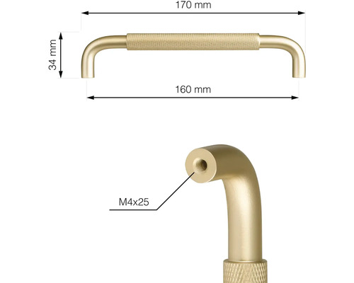 Skříňková úchytka o rozměrech 170 mm délka, 34 mm výška a závit M4x25