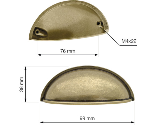 Nákres mušlové úchytky nábytku s rozměry