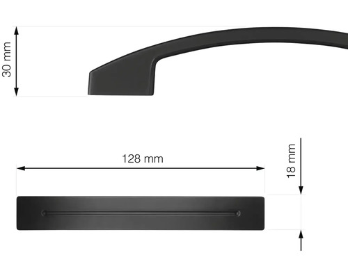 Technický nákres nábytkové úchytky s rozměry: délka 128 mm, výška 30 mm, šířka 18 mm.