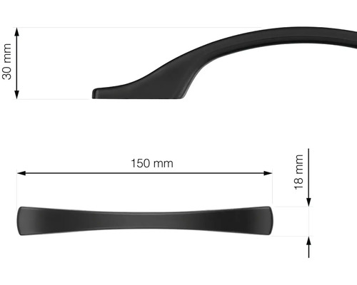Obrázek nábytkové úchytky s rozměry: délka 150 mm, výška 30 mm a hloubka 18 mm.