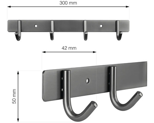 Šatní panel se čtyřmi háčky o rozměrech 300 mm délka, 42 mm rozteč háčků a 50 mm výška háčků.
