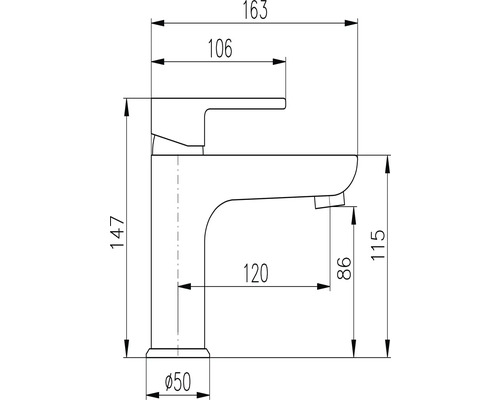 Technický nákres vodovodní baterie s rozměry