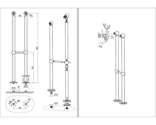 Technický nákres volně stojící vanové baterie s rozměry