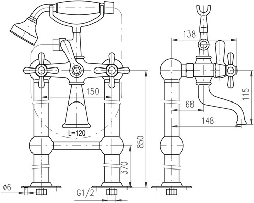 Technický nákres vanové baterie s ruční sprchou a rozměry