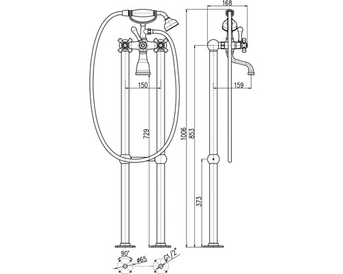 Technický výkres volně stojící vanové baterie s ruční sprchou a rozměry