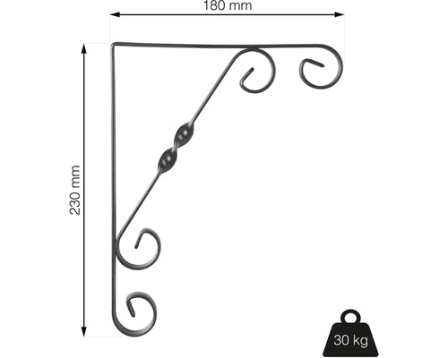 Nástěnná konzole o rozměrech 180 mm x 230 mm a nosnosti 30 kg.