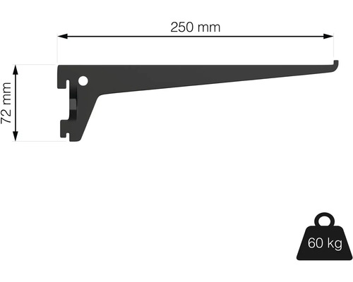 Policový nosník o rozměrech 250 mm délka a 72 mm výška. Nosnost až 60 kg.