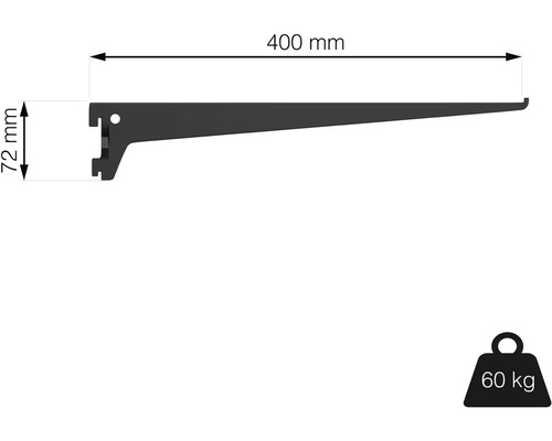Regálová konzole o rozměrech 400 mm délka a 72 mm výška, nosnost 60 kilogramů.