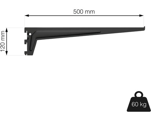 Konzole police o rozměrech 500 mm délky a 120 mm výšky a nosnosti 60 kg.