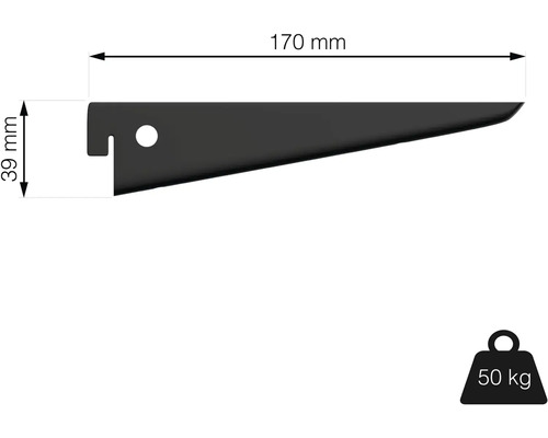 Konzole police o rozměrech 170 mm délka a 39 mm výška, nosnost 50 kg