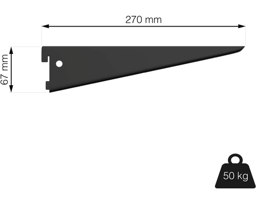 Konzole police o rozměrech 270 mm x 67 mm a nosnosti 50 kilogramů.