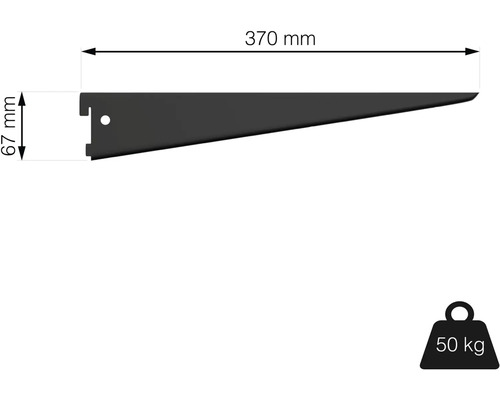 Držák police o rozměrech 370 mm x 67 mm a nosností 50 kg