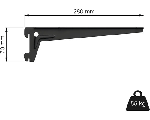 Konzole police o rozměrech 280 mm x 70 mm a nosnosti 55 kg.