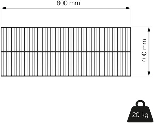 Obrázek roštu o rozměrech 800 mm x 400 mm a hmotnosti 20 kg.