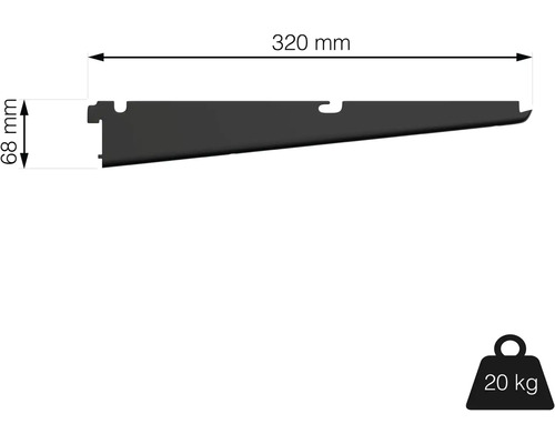 Konzole police o rozměrech 320 mm x 68 mm a nosnosti 20 kilogramů.