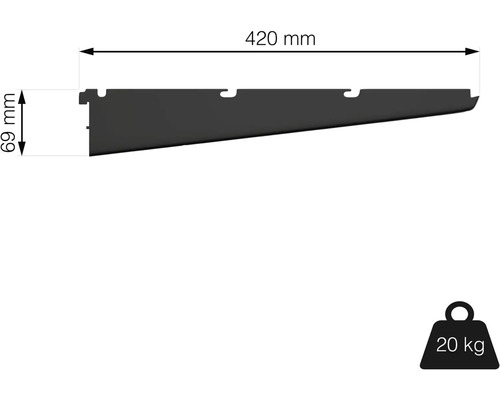 Nástěnná police o rozměrech 420 mm délka a 69 mm výška, maximální nosnost 20 kg