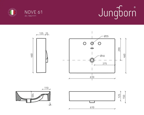 Technický výkres umyvadla NOVE 61 od firmy Jungborn s rozměry