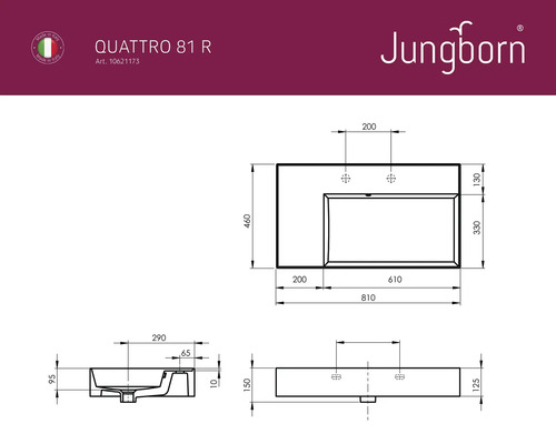 Technický nákres umyvadla Jungborn Quattro 81 R s rozměry