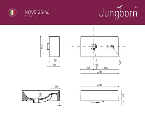 Technický nákres umyvadla Jungborn s rozměry