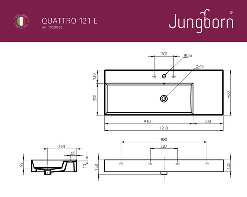 Technický výkres umyvadla Jungborn Quattro 121 L s rozměry