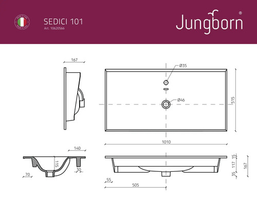 Technický nákres umyvadla Jungborn Sedici 101 s rozměry
