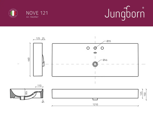 Technický výkres umyvadla s rozměry