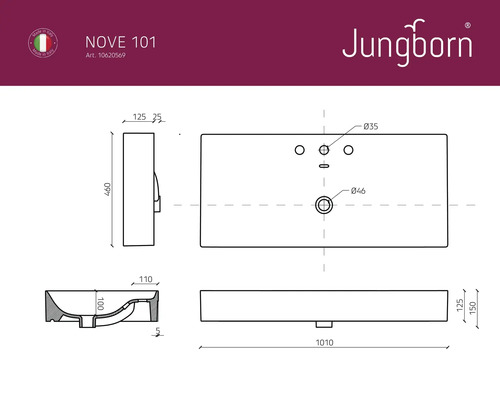 Technický nákres umyvadla Jungborn Nove 101 s rozměry