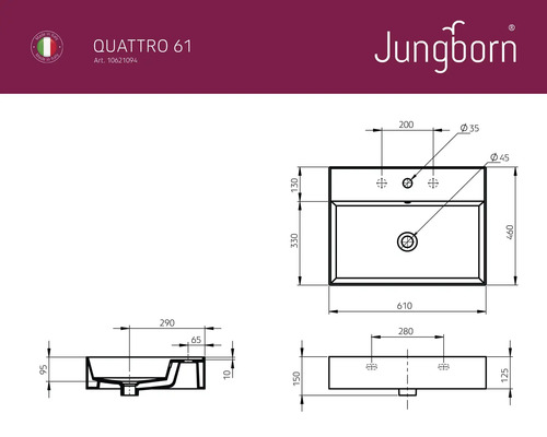 Technický nákres umyvadla s rozměry